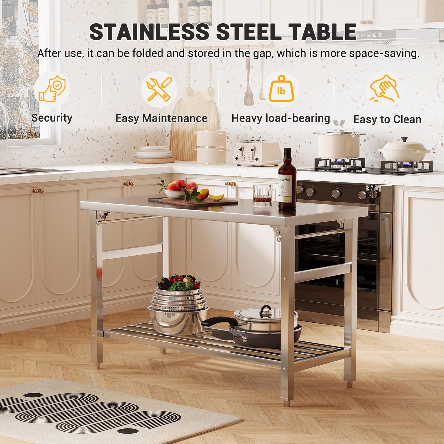 MegaChoice 60 x 24 Inch Stainless Steel Prep Table, Folding Stainless Steel Work Table with Adjustable Undershelf, Heavy Duty Metal Workstation for Commercial, Kitchen, Restaurant, Garage, Home