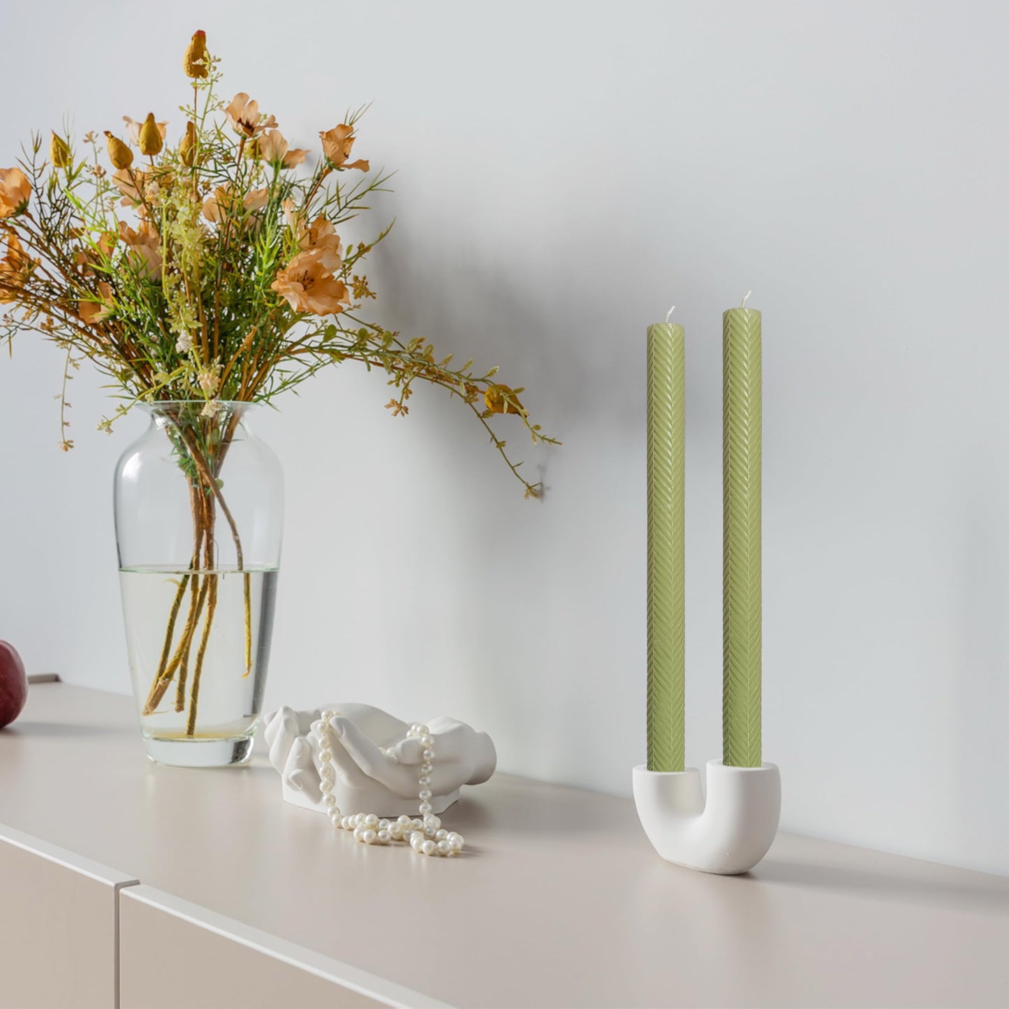 Ribbed Taper Candles Unscented Grass Green Candlesticks 10 Inch Handmade Long Candle Smokeless Texture Candle Sticks for Dinner Weddings Decoration Gifts Set of 2