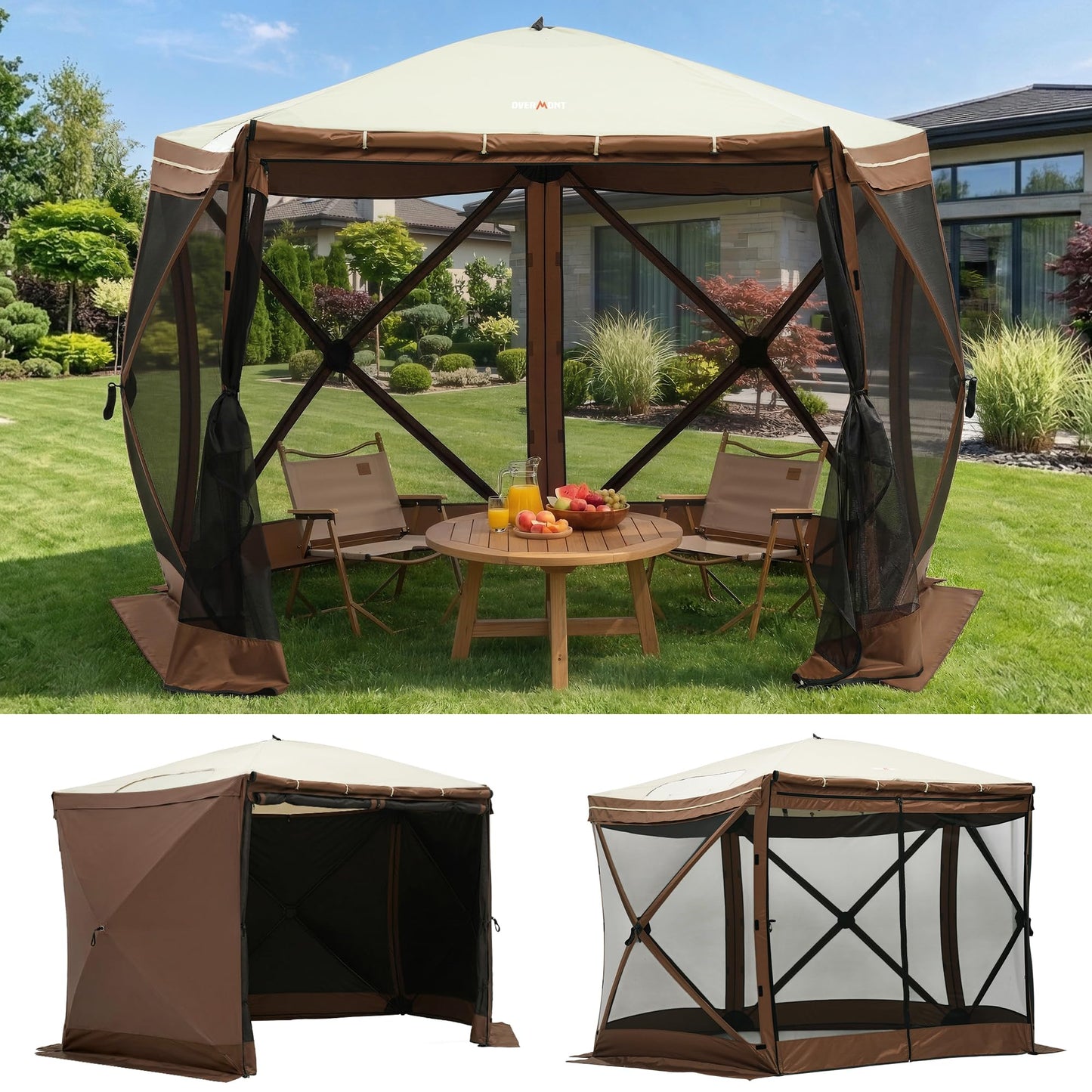Overmont 10x10FT Pop up Gazebo Screen Tent - Large Instant Screen House Tent with Netting Removable Wind Cloths Full Open Door Skylight - Portable Outdoor Shelter for Camping Backyard Patio Parties