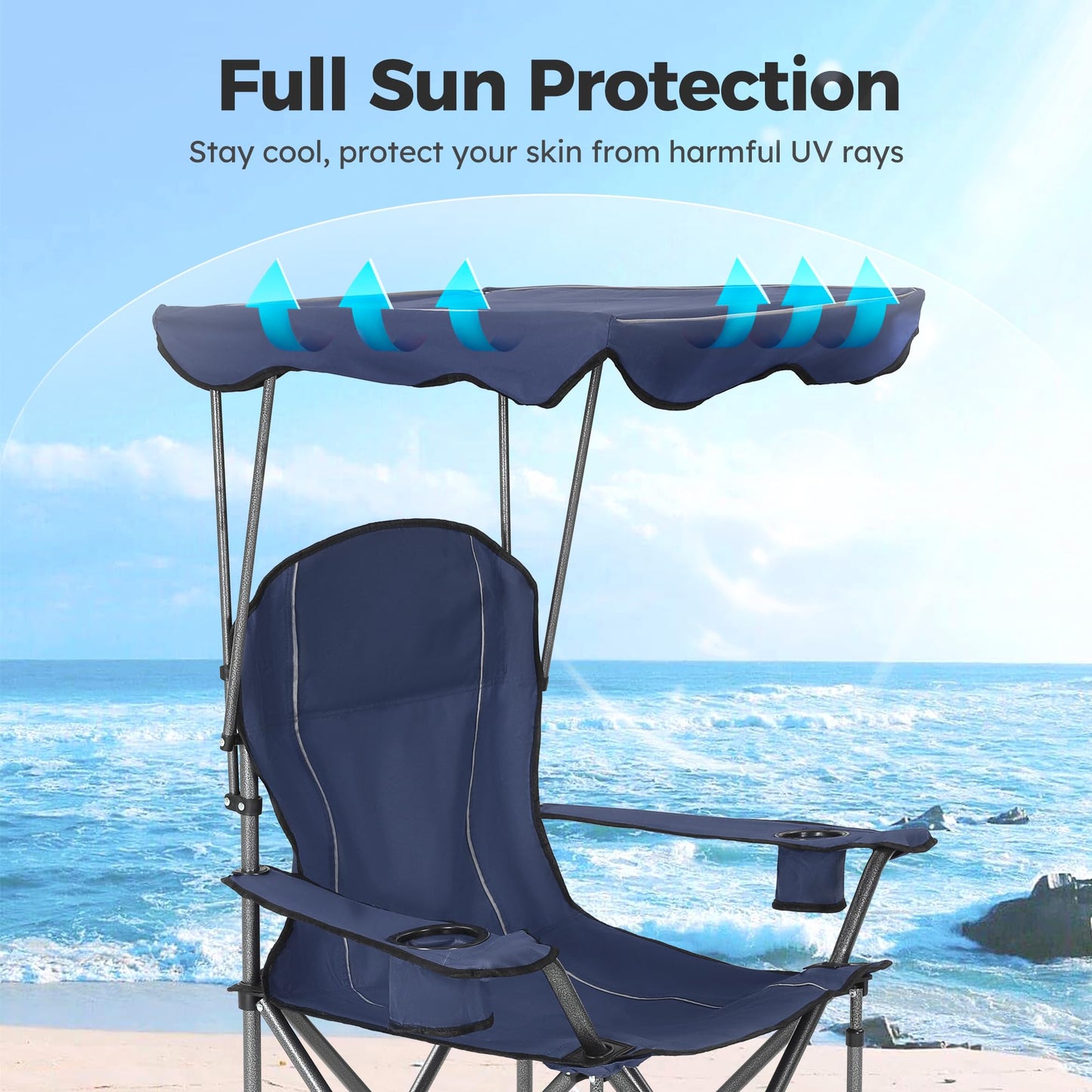 ALPHA CAMP Heavy Duty Canopy Camping Chair, 350 lbs Capacity Oversized Folding Chair with Adjustable Sunshade, Portable Sunshade Chair with Cup Holder for Beach, Fishing, Outdoor - Navy Blue,2PC