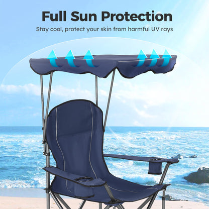 ALPHA CAMP Heavy Duty Canopy Camping Chair, 350 lbs Capacity Oversized Folding Chair with Adjustable Sunshade, Portable Sunshade Chair with Cup Holder for Beach, Fishing, Outdoor - Navy Blue,2PC