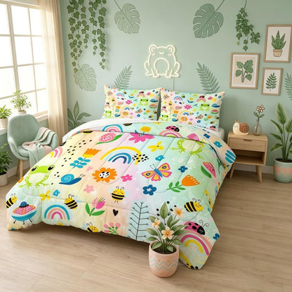 FUYEUN Rainbow Comforter Set Queen Size Cartoon Frogs Bedding Sets for Girls Kids Women Boys Flowers Butterfly Bees Snails Insects Cute Kawaii Quilt 1 Comforter + 2 Pillow Cases