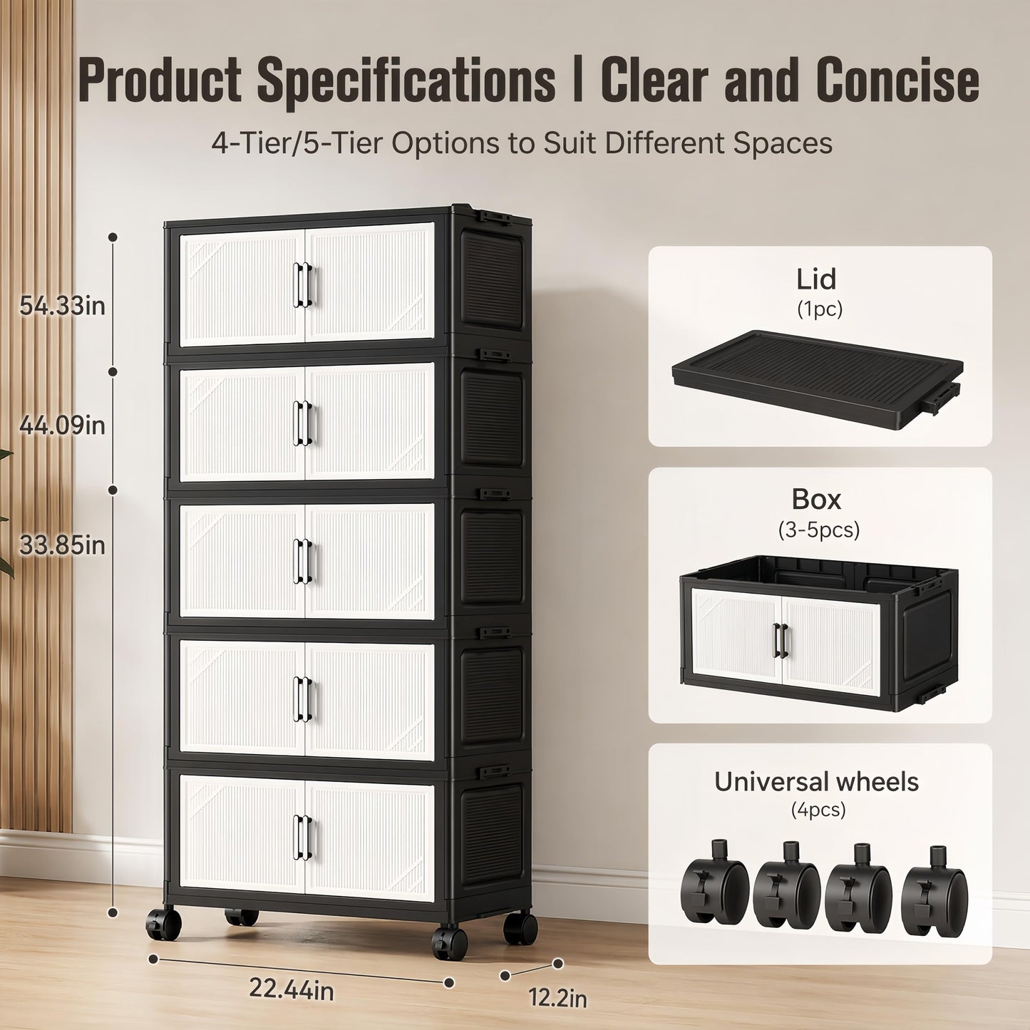 5 Tier Foldable Storage Cabinet with Top Lid, Tall Mobile PP Storage Organizer with Magnetic Doors and Wheels, Space-Saving Collapsible Organizer for Bedroom Living Room Kitchen Pantry Bathroom