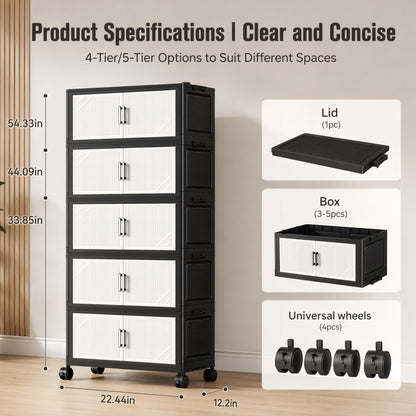 5 Tier Foldable Storage Cabinet with Top Lid, Tall Mobile PP Storage Organizer with Magnetic Doors and Wheels, Space-Saving Collapsible Organizer for Bedroom Living Room Kitchen Pantry Bathroom