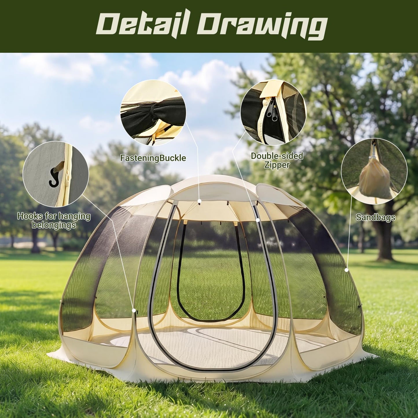 Lenotos Pop Up Screen House, 12.5'x12.5' Outdoor Screen Tent for Camping, Screened Gazebo with Mosquito Netting, Carry Bag