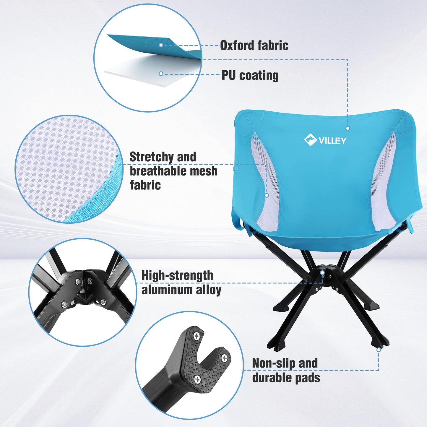 VILLEY Portable Folding Chair Lightweight Camping Chair No Assembly Needed, Quick Setup for Beach, Hiking, Supports 330 LBS, Blue, 2 Pack