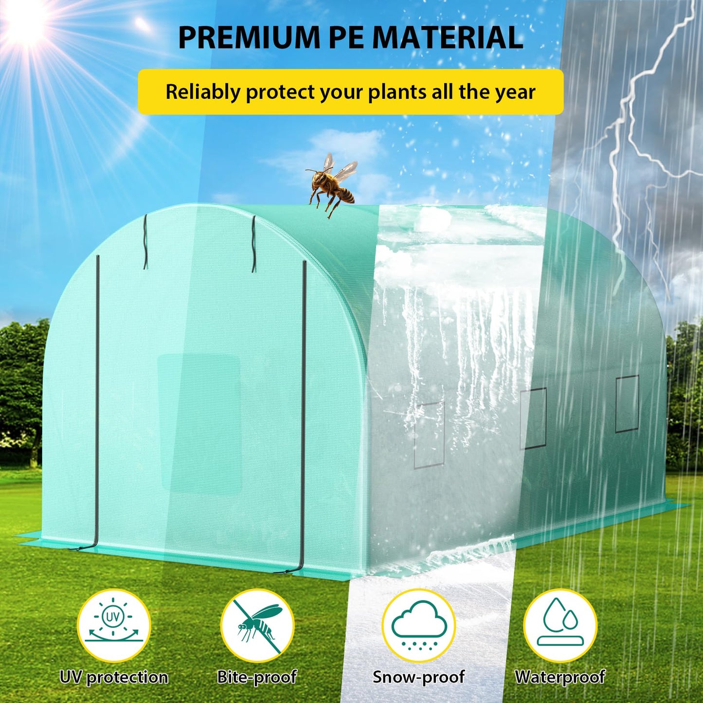 Patikuin Spacious Walk-in Tunnel Greenhouse – Sturdy Galvanized Steel Frame, Roll-Up Zipper Door, 6 Screen Windows, Heavy Duty Green PE Cover – Ideal for Garden Plants, Winter Vegetables, Seedlings