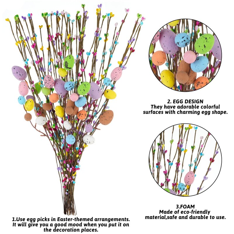 Draupnir 48PCS Artificial Easter Spray Vine, Pastel Easter Eggs and Berries, Easter Egg Twig Branches, Easter Egg Branches for Easter Home Decoration and Flower Arrangement