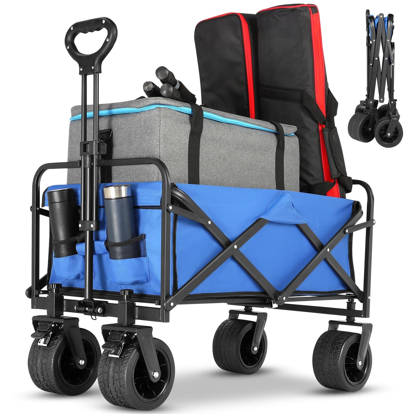 EVLIQUIL Collapsible Foldable Beach Wagon,Folding Wagon Cart with Big Wheels,Utility Grocery All Terrain Wagons carts Foldable with Brakes for Sand Camping Sports Outdoor(Lake Blue).