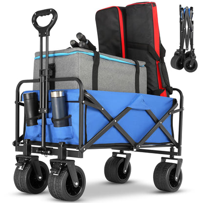 EVLIQUIL Collapsible Foldable Beach Wagon,Folding Wagon Cart with Big Wheels,Utility Grocery All Terrain Wagons carts Foldable with Brakes for Sand Camping Sports Outdoor(Lake Blue).