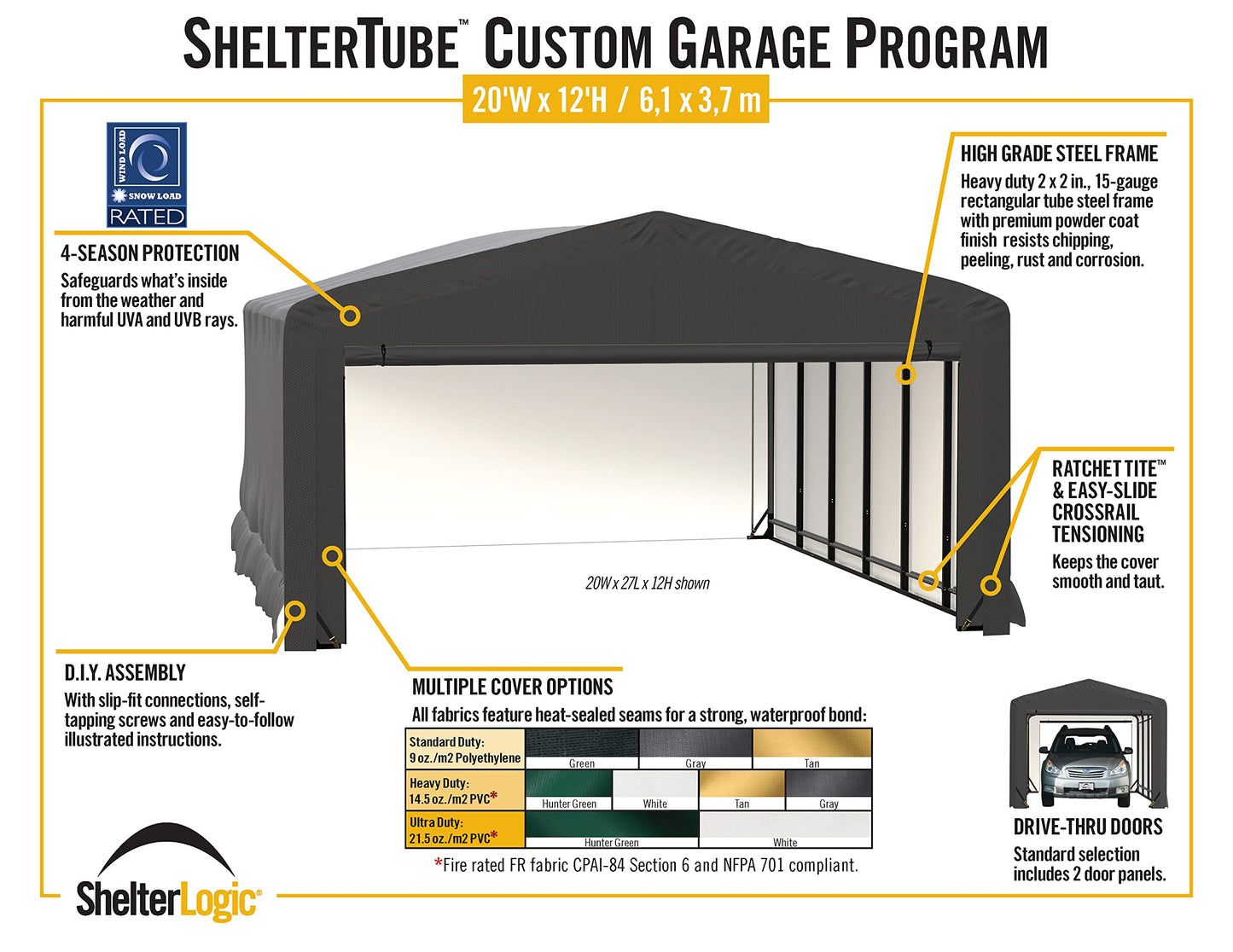 ShelterLogic ShelterTube Garage & Storage Shelter, 20' x 18' x 12' Heavy-Duty Steel Frame Wind and Snow-Load Rated Enclosure, Green