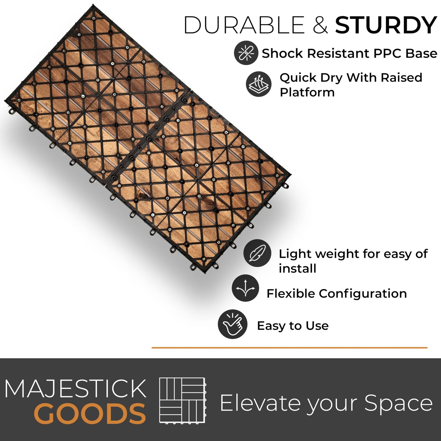 Majestick Goods Interlocking Longboard Deck Tiles, Acacia Wood Interlocking Deck Tiles - Easy Install for Patio Flooring & Walkways with Raised Base Drainage, 24 x 12 x 0.9 in. (12 Count)