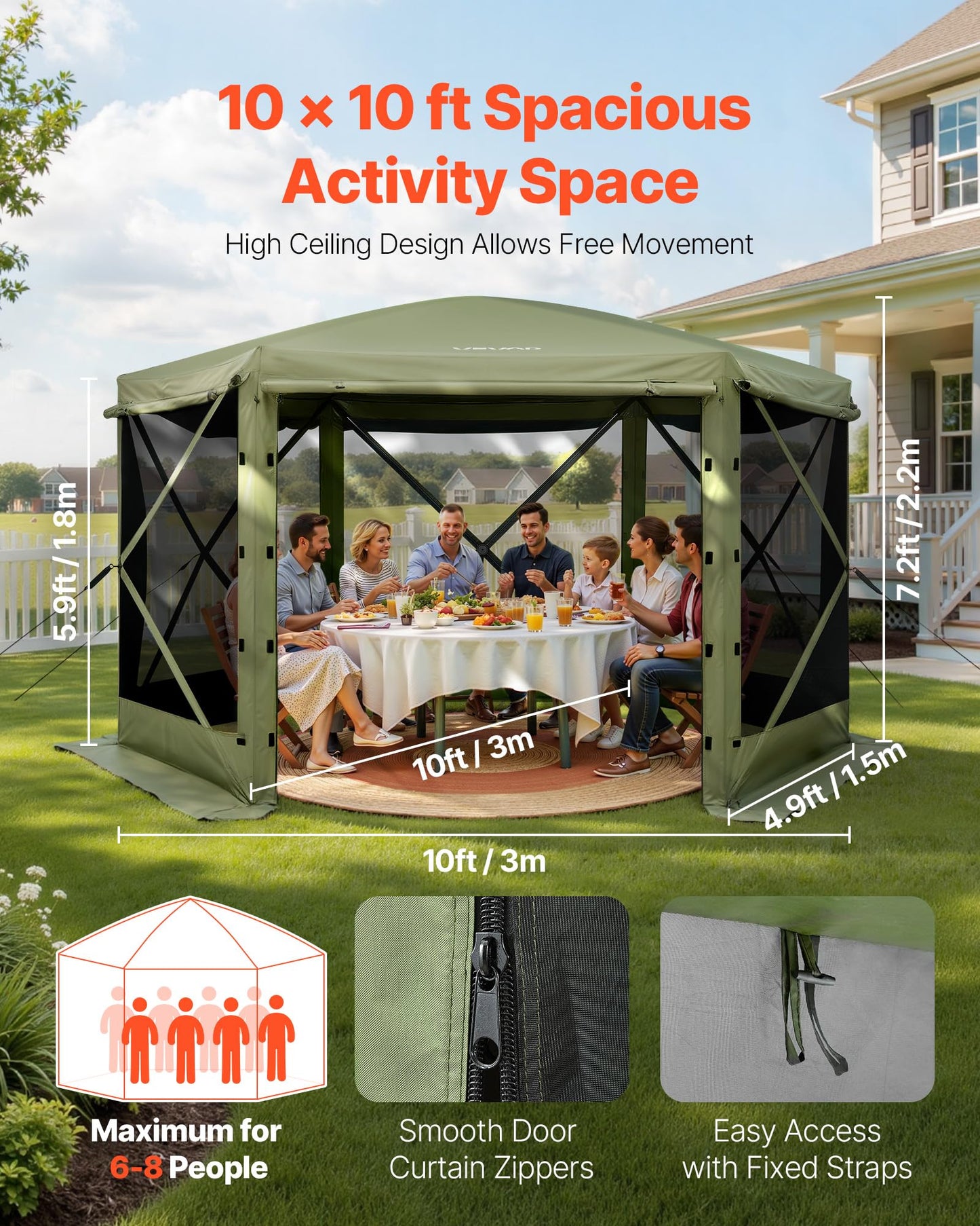 VEVOR Pop up Gazebo Screen Tent, 10 x 10 ft Large 6-Sided Camping Canopy Tent with Removable Top & Carry Bag, Quick-Set & Bite-Proof, Screen House Sun Shelter for 6-8 Persons Backyard Patio, Green