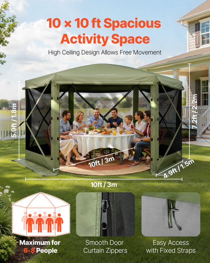 VEVOR Pop up Gazebo Screen Tent, 10 x 10 ft Large 6-Sided Camping Canopy Tent with Removable Top & Carry Bag, Quick-Set & Bite-Proof, Screen House Sun Shelter for 6-8 Persons Backyard Patio, Green