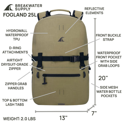 Breakwater Supply Waterproof Preparedness Pack, IP68 Submersible Airtight Backpack and Waterproof Marine First Aid Kit for Boating, Fishing, Kayaking (Fogland 25L Safari Tan Cordura)