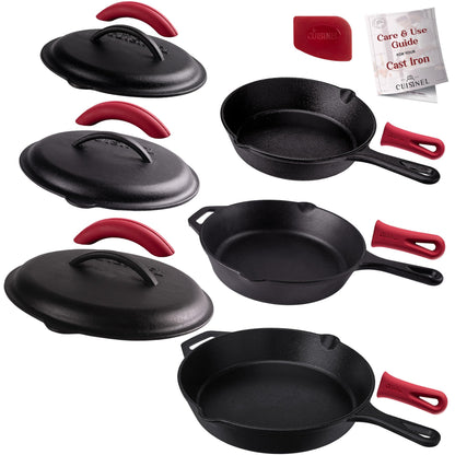 Cuisinel Cast Iron Skillets Set with Lids - 8"+10"+12"-inch Pre-Seasoned Covered Frying Pan Set + Silicone Handle and Lid Holders + Scraper/Cleaner - Indoor/Outdoor, Oven, Stovetop, Fire Safe Cookware