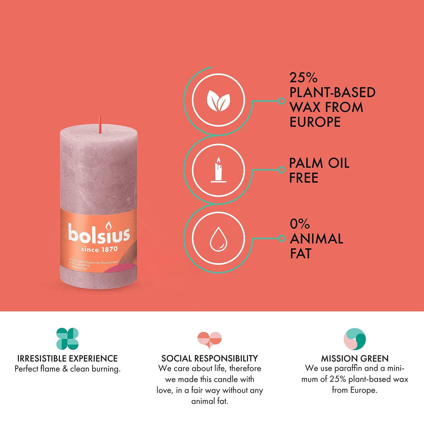 BOLSIUS 4 Pack Ash Rose Rustic Pillar Candles - 2.75 X 5 Inches - Premium European Quality - Includes Natural Plant-Based Wax - Unscented Dripless Smokeless 60 Hour Party Décor and Wedding Candles