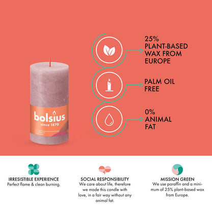 BOLSIUS 4 Pack Ash Rose Rustic Pillar Candles - 2.75 X 5 Inches - Premium European Quality - Includes Natural Plant-Based Wax - Unscented Dripless Smokeless 60 Hour Party Décor and Wedding Candles