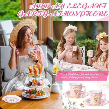 Umigy 60 Sets Tea Party Decorations 6.5oz Floral Paper Tea Cups with Handle and Plates Disposable Blossom Teacups and Saucers Sets with Tape for Hot Cold Drink Birthday (Pink Rustic)