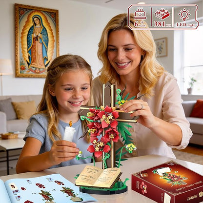 Jesus Cross Flower Building Set Religious Cross Collectibles Jesus Catholic Building Toys Christian Crucifix Floral Decor Display Easter Christian Birthday Gift for Kids Women &amp Adults (381