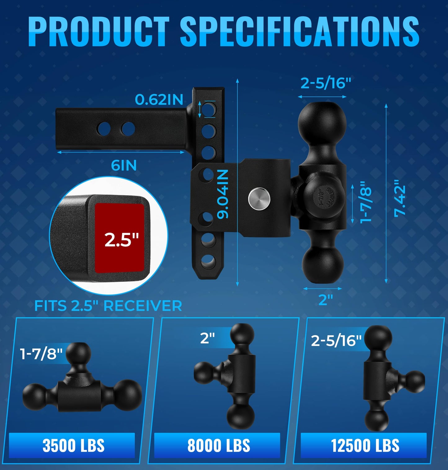 JEXTRA Adjustable Trailer Hitch Ball Mount, fits 2-1/2" Receiver Hitch, 5" Rise & Drop Hitch Tri-Ball (1-7/8" x 2" x 2-5/16"),12,500 LBS GTW Trailer Hitch with Double Anti-Theft Locking Pins Black