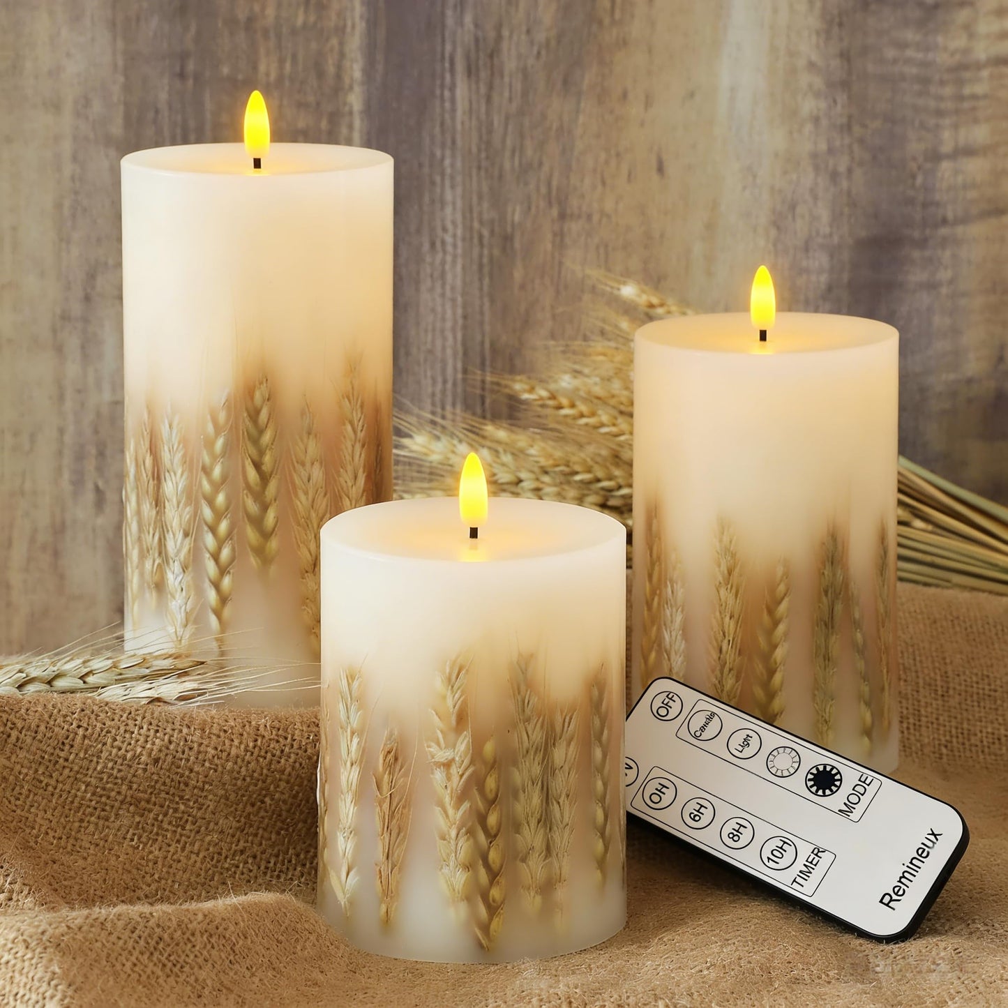 Remineux Flameless LED Candle with Embedded Natural Wheat, Battery-Operated Real Wax Pillar Candle, Flickering Flame Effect, Remote Control, Rustic Farmhouse Decor, Unscented, White (3.25 * 6in)