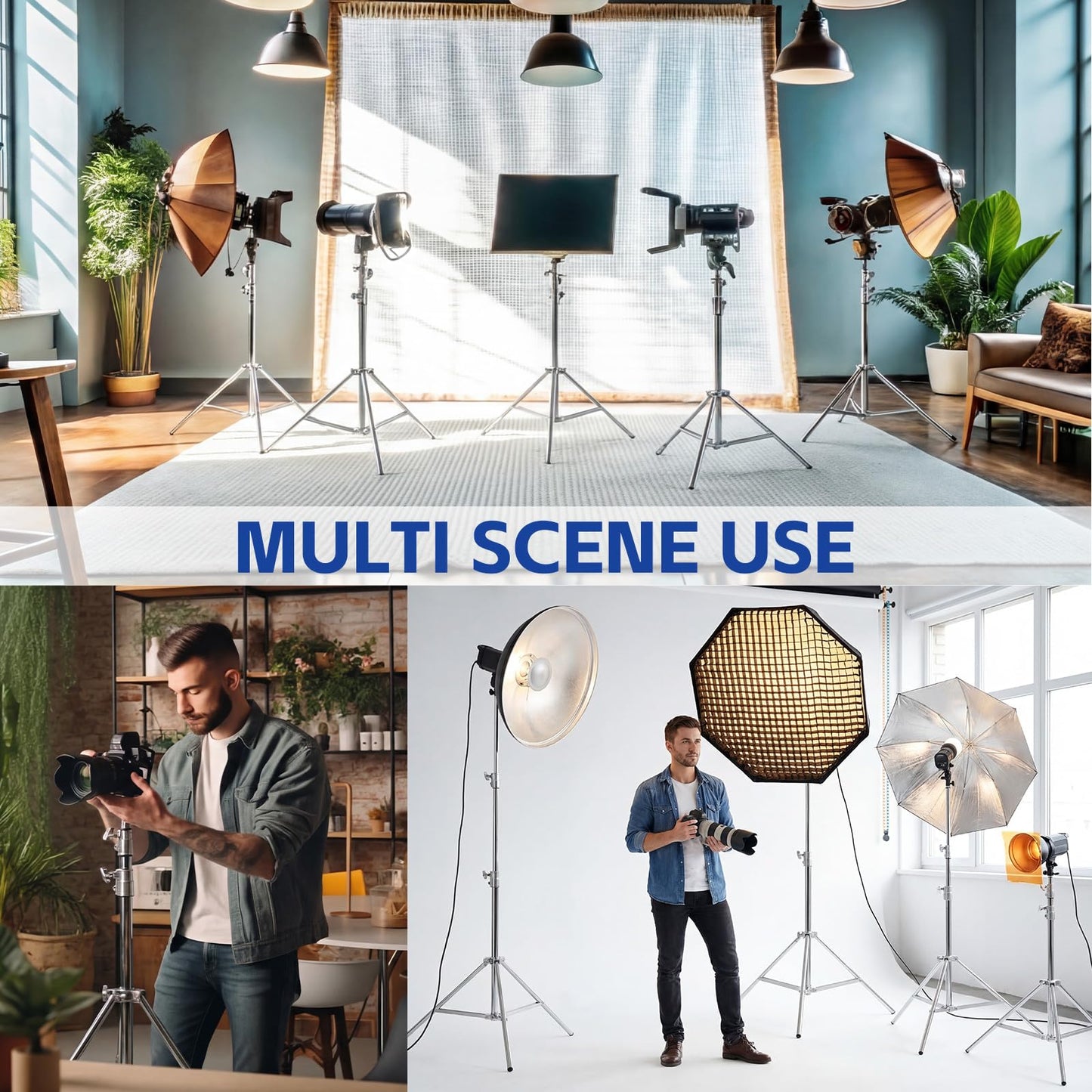 Tellegloww 4 Pack 9.2 FT Stainless Steel Light Stand Photography with 1/4” to 3/8” Screw Adapter Heavy Duty Photography Tripod Lights Stand for Strobe LED Video Lights Ring Light Monolight Softbox