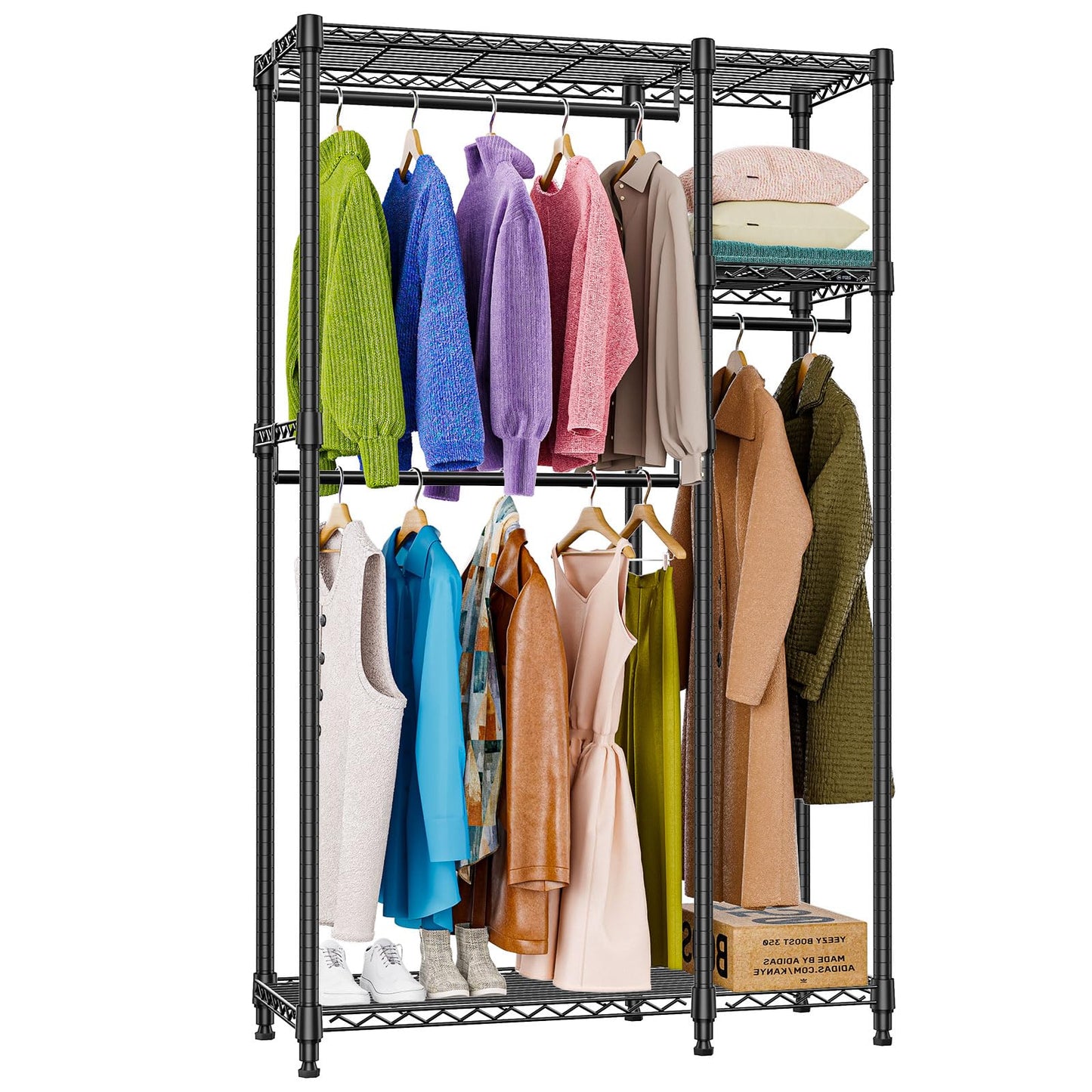 M MZG Heavy Duty Rolling Garment Rack 3 Tiers Adjustable Wire Shelving Clothes Rack with 3 Rods and Side Hooks,Storage Closet Clothing Rack Black 15.7" D x 43.3" W x 76.5" H