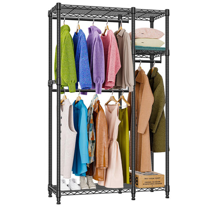 M MZG Heavy Duty Rolling Garment Rack 3 Tiers Adjustable Wire Shelving Clothes Rack with 3 Rods and Side Hooks,Storage Closet Clothing Rack Black 15.7" D x 43.3" W x 76.5" H