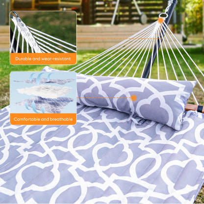 Everyfun Double Hammock with Spreader Bar,Soft Pillow,Max Load 500lbs,Portable Hammock for Outdoor,Camping,and Backyard,White Gray