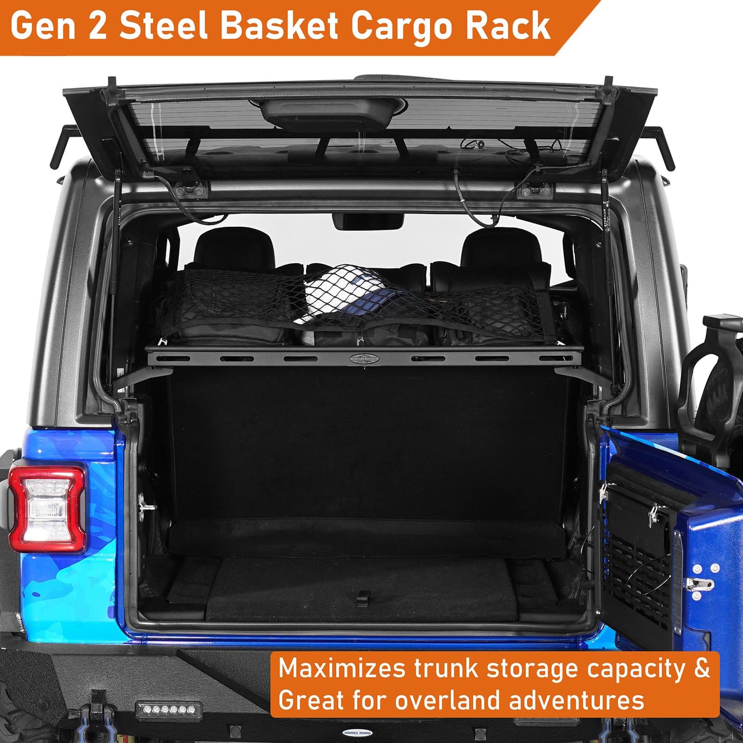 Hooke Road Rear Trunk Cargo Rack Basket Tray for 2007-2026 Jeep Wrangler JK JL 4-Door Hardtops, Sturdy Steel Shelf for Camping Trip Gear