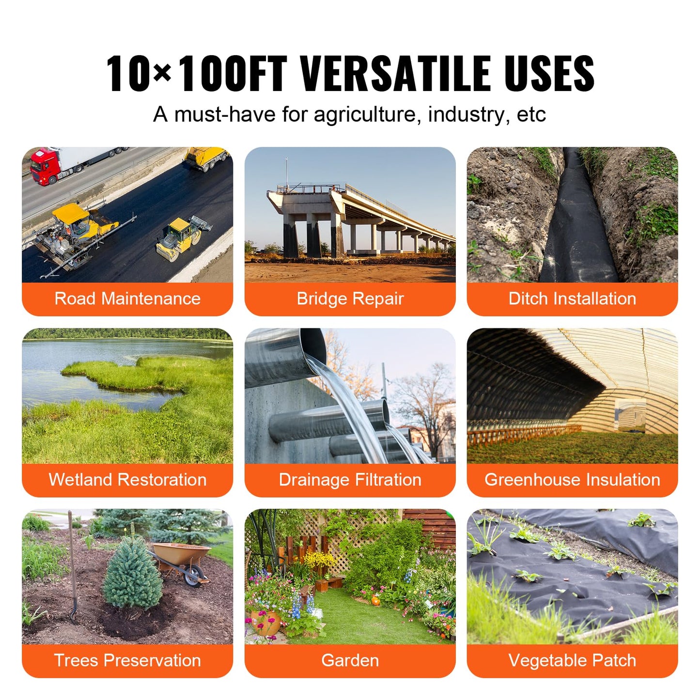 VEVOR Geotextile Landscape, 10ft x 100ft 8 oz Non-Woven PP Drainage 350N Tensile Strength & 440 N Load Capacity, for Ground Cover, Garden Fabric, French Drains, Black