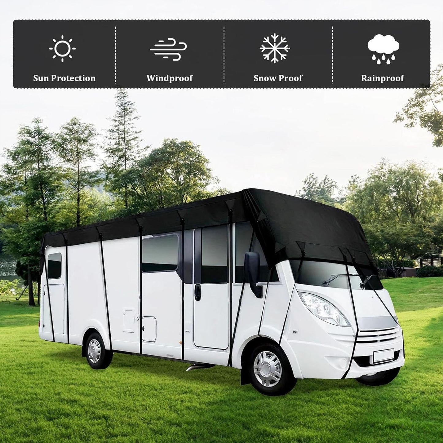 Wider 3.3m/10.83ft Camper roof Cover 210D Oxford Cloth Class C Rv Cover Wind, Rain and Snow Proof with 2 Extra Straps Black-49.2 x 10.8 ft