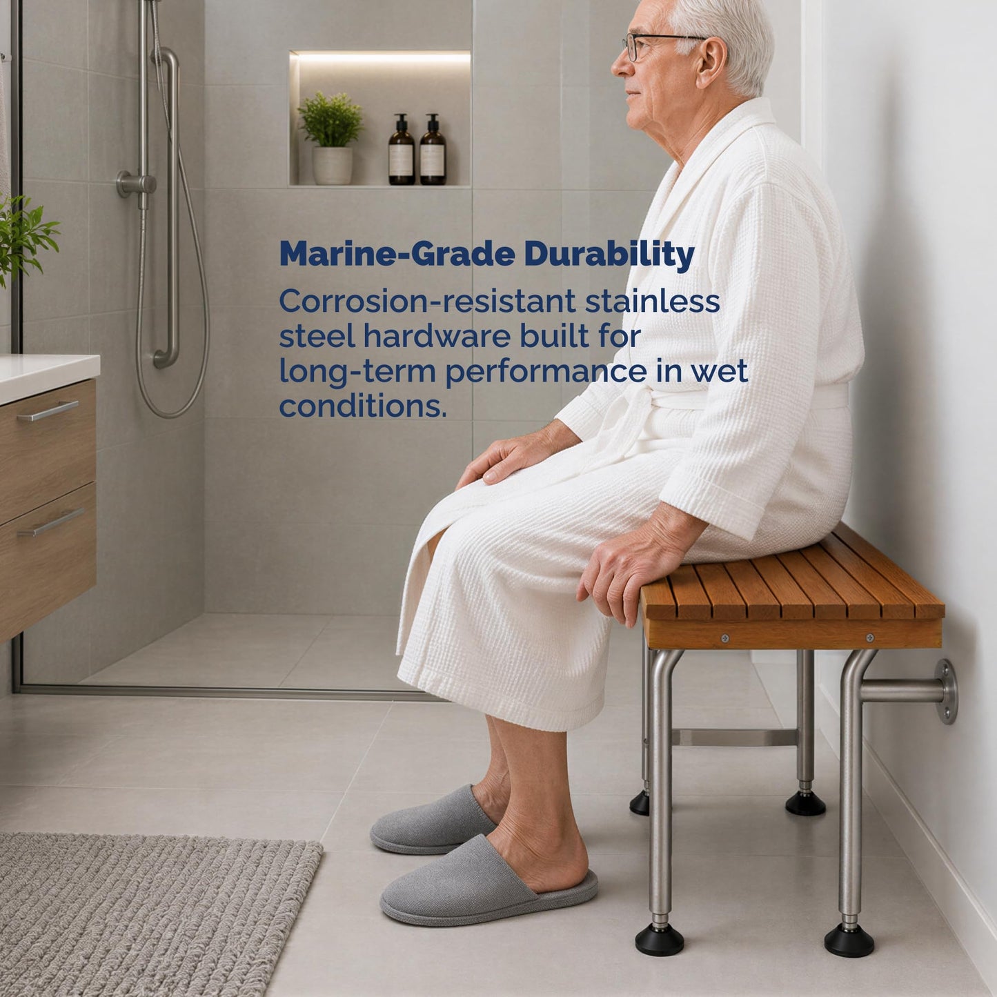 Teak Shower Seat Bench with Drop Down Legs – ADA Compliant Folding Teak Shower Bench, Wall Mounted Fold Up Bath Seat, 400 lb Capacity, Waterproof Teak Wood (18 Inches)
