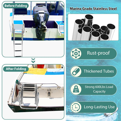 4 Step Boat Ladder, Stainless Steel Pontoon Ladder Heavy Duty with Pedal Hand Railing, Telescoping Boat Ladder Folding for Boat Yacht Dock Swimming Pool