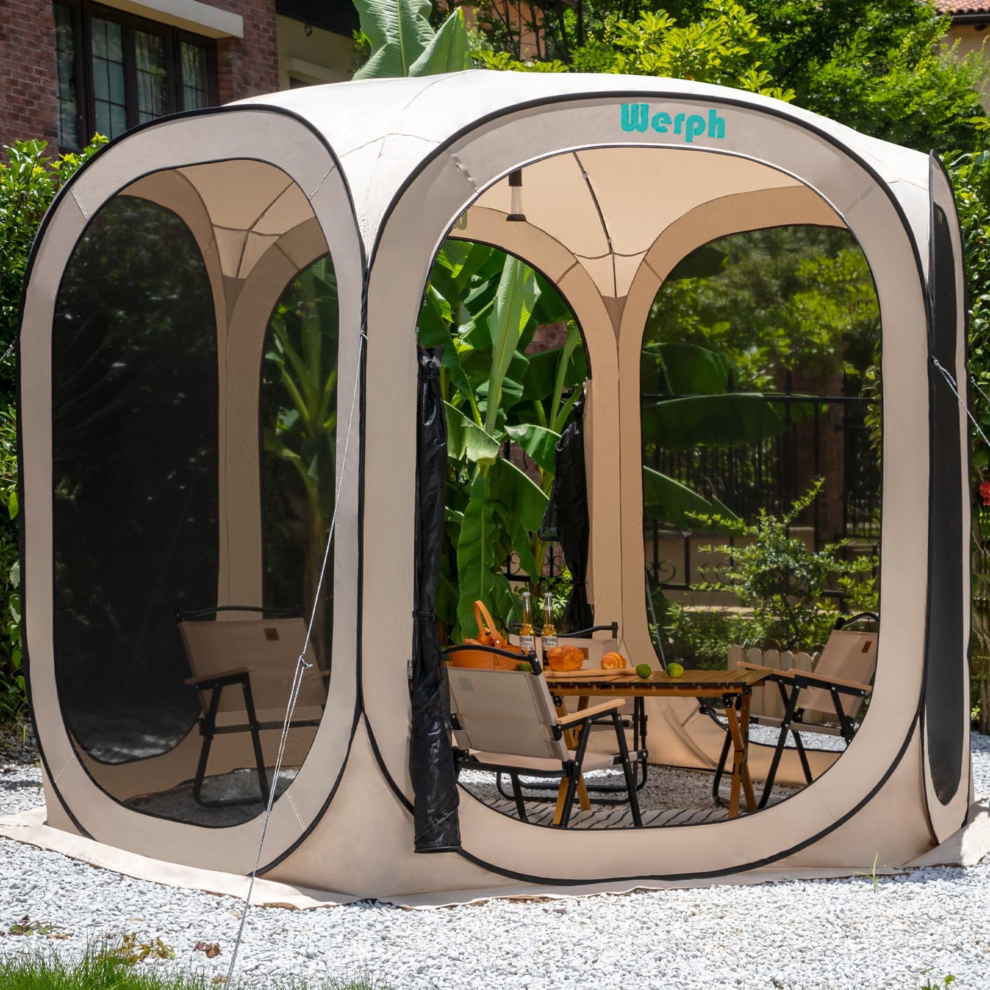 Werph 10x10 Pop Up Screen Tent, Mosquito Net Gazebo, UV Resistant Roof Waterproof Screen Canopy, Quick Setup Outdoor Shelter for Backyard, Patio, Garden, Picnic, Camping and Events, Beige