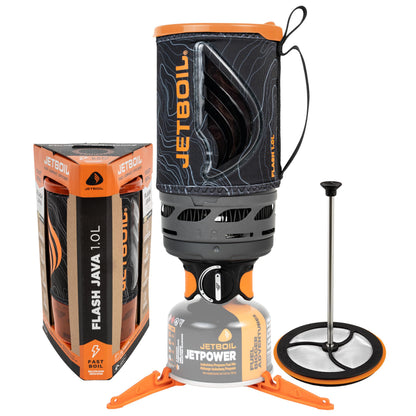 Jetboil Flash Java 1.0L Portable Fast Boil Stove with Silicone French Press and 1-Step Auto Ignition for Camping and Backpacking, Propane/Isobutane Burner with Cooking Cup, Topo