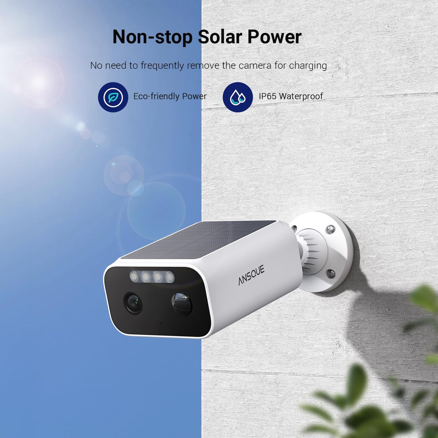 ANSQUE Solar Security Cameras Wireless Outdoor, 4-Cam-Kit, 2K Home Security Camera System, 365-Day Battery Life, No Subscription Fee, Easy to Install, Color Night Vision, Local Storage