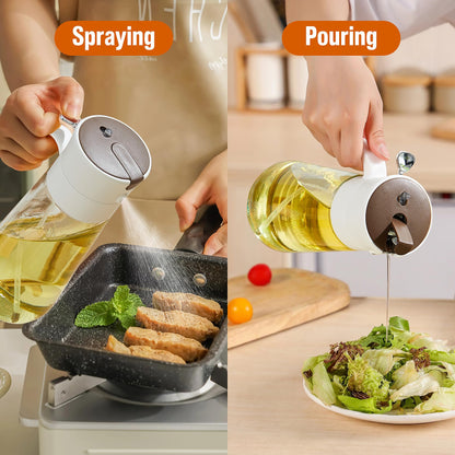 hoforife Glass Olive Oil Dispenser Bottle & Oil Sprayer Bottle 2 In 1 for Kitchen Cooking, Auto Flip Cap, 18oz White