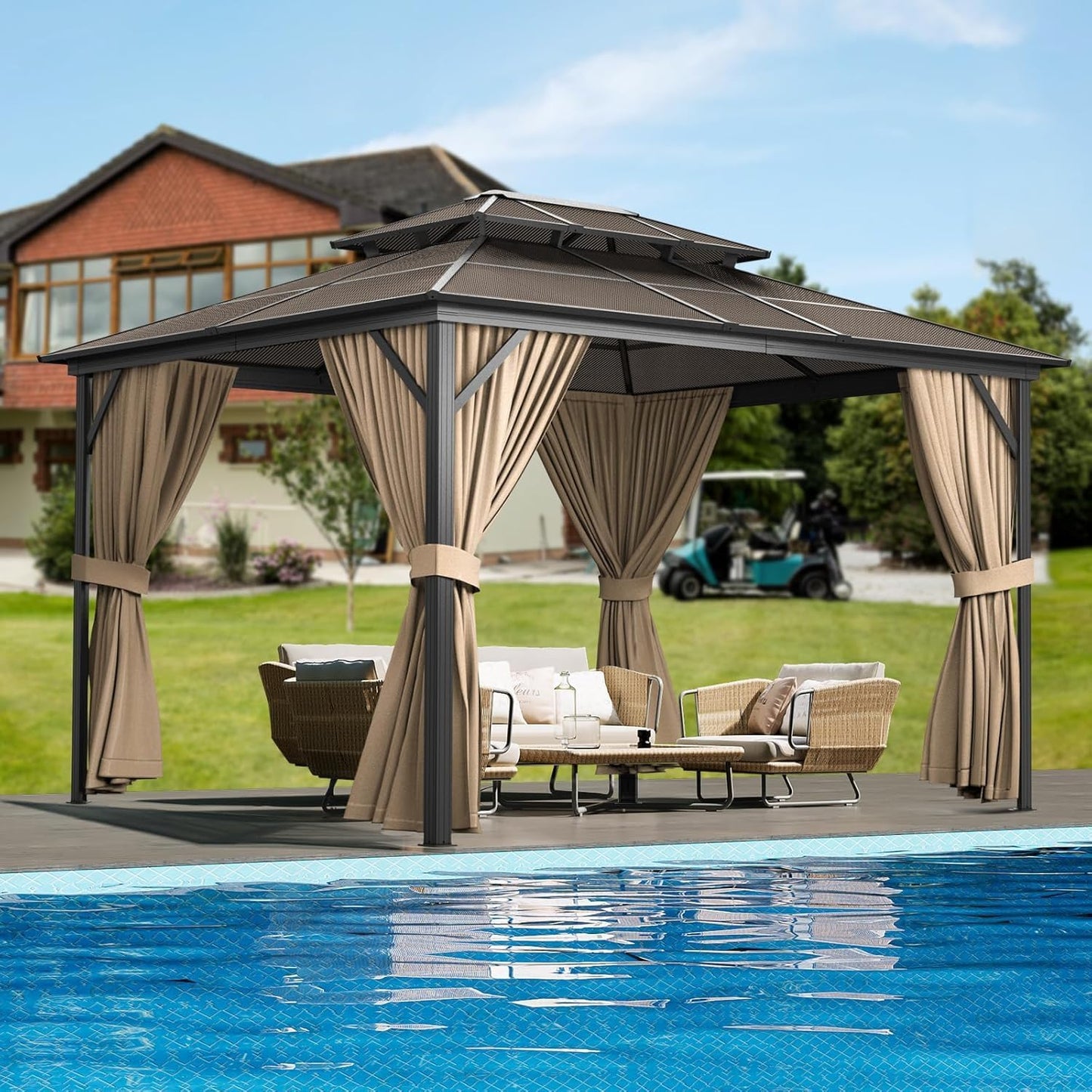 PeakPursuit 10x13FT Hardtop Aluminum Pergola Gazebo – Double Polycarbonate Roof – Heavy Duty Metal Frame – Mesh Netting, Curtains, All-Weather Outdoor Pavilion for Patio, Garden, Poolside – Khaki –