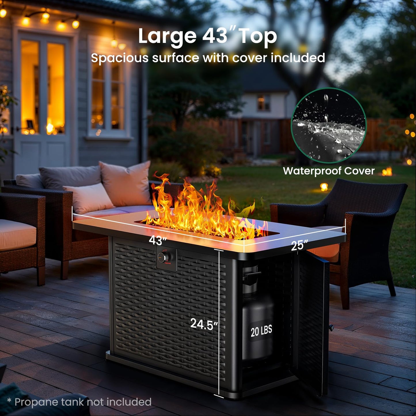 Ciays 43-Inch Rectangular Propane Fire Pit with 60,000 BTU Output, Gas with Rocks, Table CSA-Certified 2 in 1Table Gatherings Parties with 304 Stainless Steel H-Burner