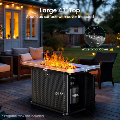 Ciays 43-Inch Rectangular Propane Fire Pit with 60,000 BTU Output, Gas with Rocks, Table CSA-Certified 2 in 1Table Gatherings Parties with 304 Stainless Steel H-Burner