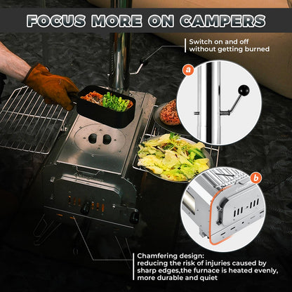 KingCamp Hot Tent Stove, Foldable Camping Stove with Large Firebox, 5.6ft Winter Camping Stove for Tent, Shelter, Cabin Heating, With Chimney Pipes, Heat Resistant Glass & Gloves for Outdoor