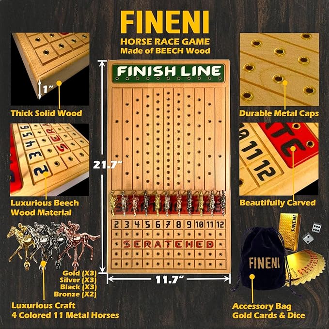 Horse Racing Game for Adults Horse Race Board Game with 11 Luxurious Metal Horses (Gold Silver Black Rose Gold) 22” Beech Wood Horse Race Game Board Dice &amp Golden Card Included (Beech)