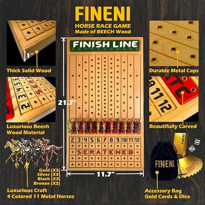 Horse Racing Game for Adults Horse Race Board Game with 11 Luxurious Metal Horses (Gold Silver Black Rose Gold) 22” Beech Wood Horse Race Game Board Dice &amp Golden Card Included (Beech)