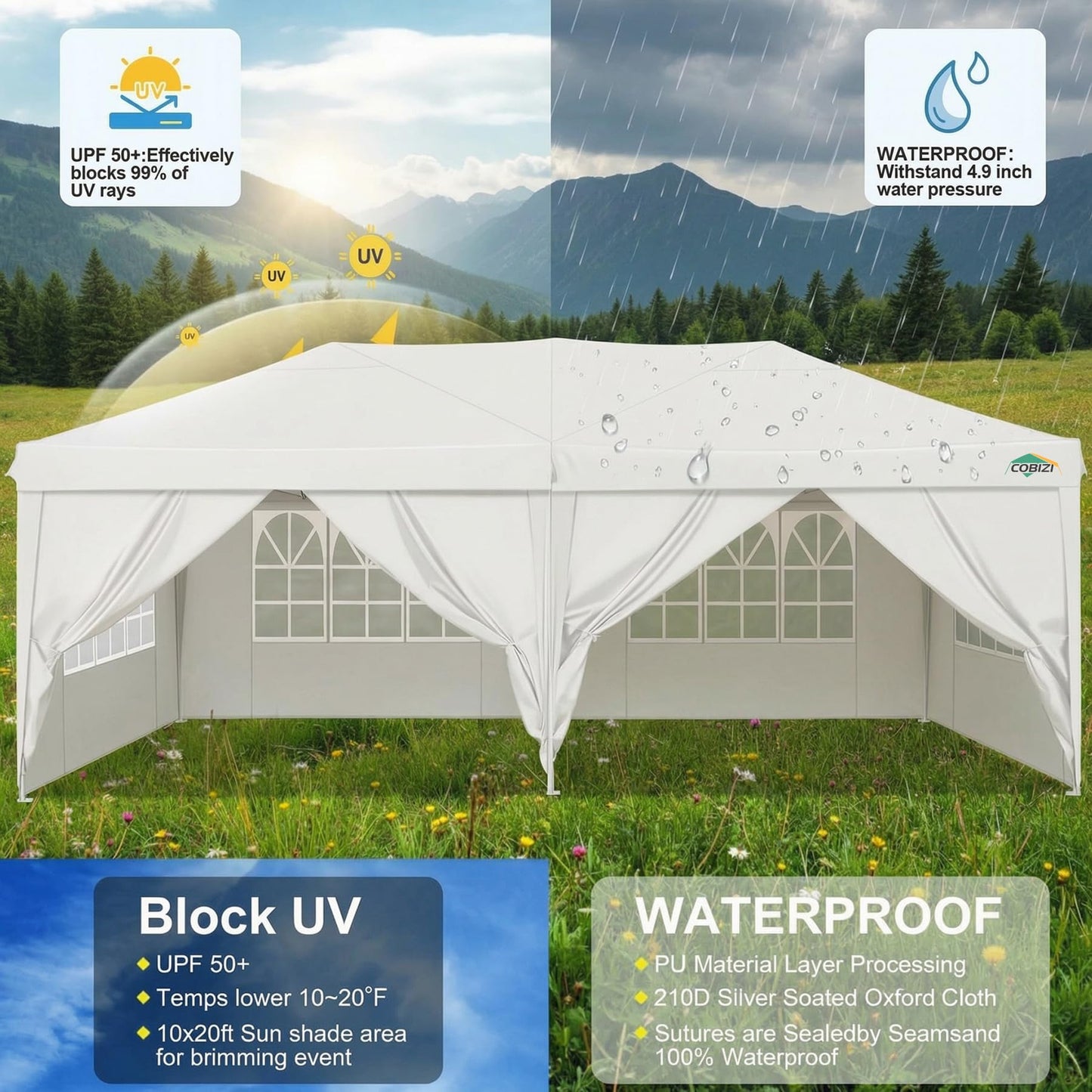 COBIZI 10x20 Pop Up Canopy Tent Commercial Instant Shelter with 6 Sidewalls, Durable Waterproof Portable Gazebo UPF 50+ for Outdoor Party, Wedding, Vendor Events (White)