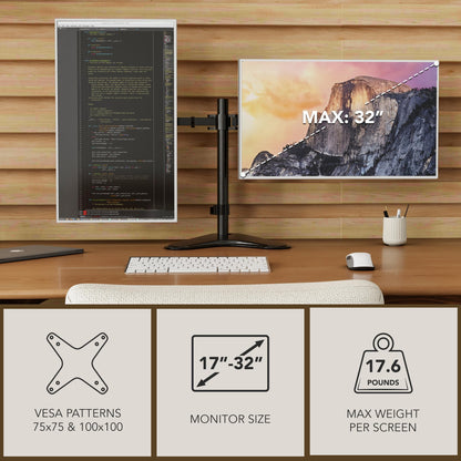 Mount-It! Dual Monitor Stand, Premium Adjustable Desk Mount for Two 13–32 Inch Screens up to 17 lbs Each, Full Motion Swivel Tilt Rotate Height Adjustable Arms, VESA 75x75 100x100, Steel Base