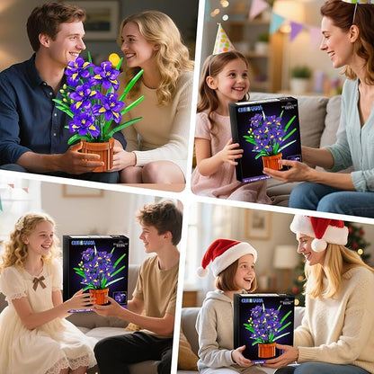 Flowers Botanicals Iris Building Set - Easter Artificial Purple Bonsai Plant for Home Office Décor 808PCS Flower Building Kit Indoor Decoration Floar Gift for Adults Wife Girlfriend Mom