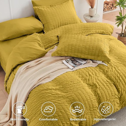 HYMOKEGE King Size Comforter Set - Mustard Yellow Seersucker 7-Piece Luxury Bedding Set