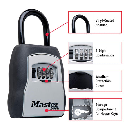 Master Lock Key Lock Box for House Keys – Outdoor Portable Combination Lockbox with Resettable 4 Digit Code, Weather Resistant Durable Metal Body, Holds 5 Keys, 5400EC5, Black, 5 Pack